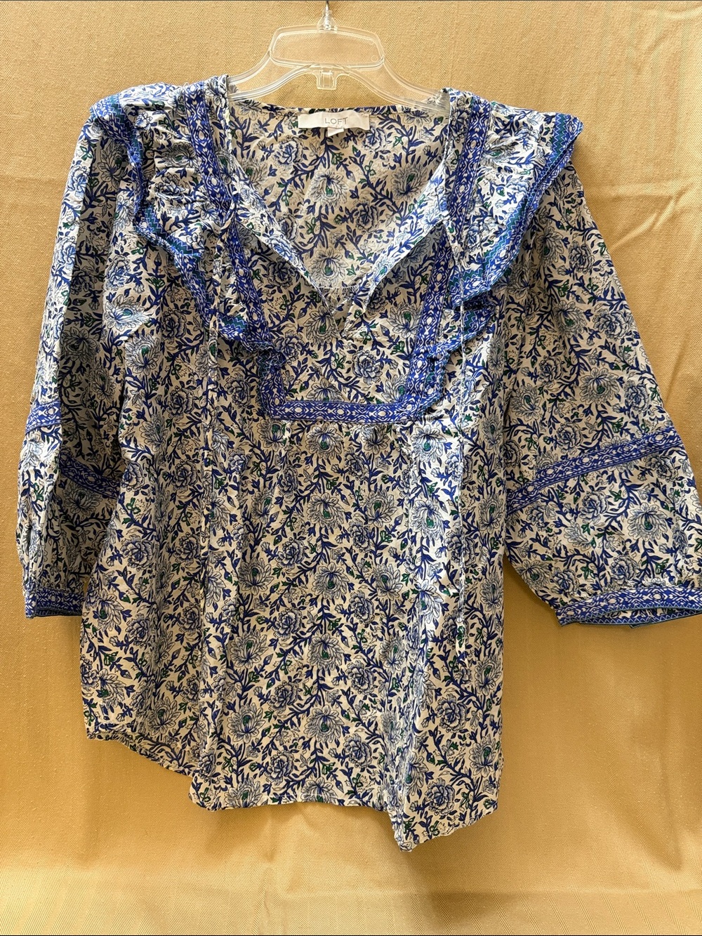 LOFT Blue and White Floral Ruffle Blouse